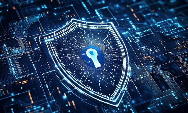 Abstract Digital Security Concept With Key Lock On Shield Shape Over Circuit Board Background Video Animation