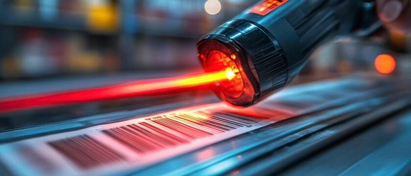 Barcode scanner uses red laser to read product label, facilitating inventory management and retail processes.