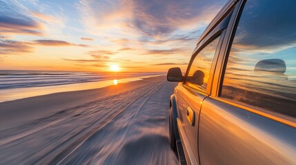 Obraz premium Generic car parked on sandy beach at sunset with warm orange and blue hues. The vehicle's side reflects the sky and ocean. The beach shows tracks of tires and wet sand.