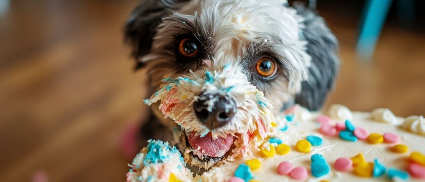 Havapoo dog enthusiastically devours cake, face smeared with colorful frosting in cheerful celebration.
