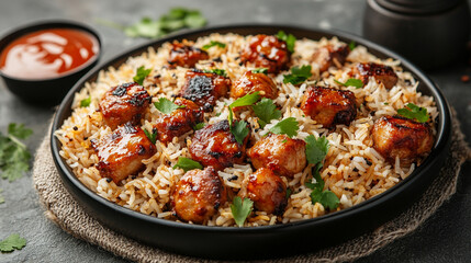 Aromatic biryani dish served hot, showcasing tender meat infused with vibrant curry spices, symbolizing cultural fusion, tradition, and the warmth of shared culinary experiences.

