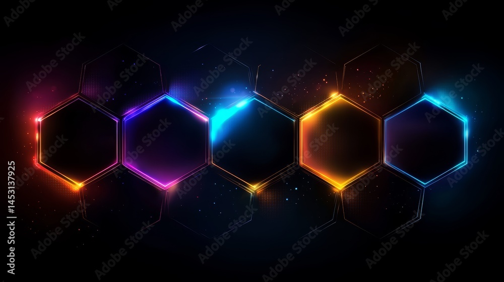 Aufkleber series of hexagons with different colors and a bright glow. the hexagons are arranged in a row, with