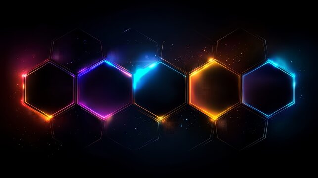 Series of hexagons with different colors and a bright glow. The hexagons are arranged in a row, with the first one being blue and the last one being red. Scene is energetic and vibrant - Powered by Adobe
