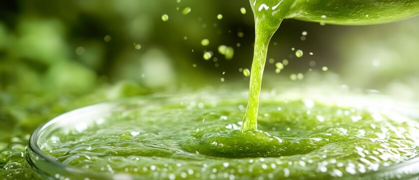 Green juice vigorously pours into clear glass, creating splashes and conveying freshness.
