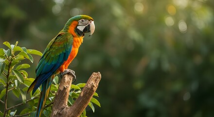 Obraz premium Colorful Macaw Parrot Perched on Tree in Tropical Jungle Wildlife Scene