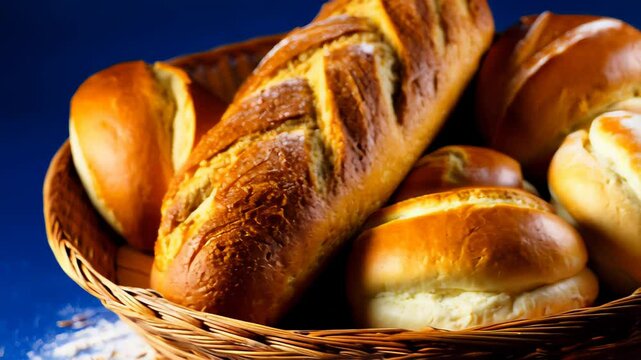 Basket of assorted artisan bread with golden crusts on dark indigo background with scattered oats and flour for rustic bakery presentation