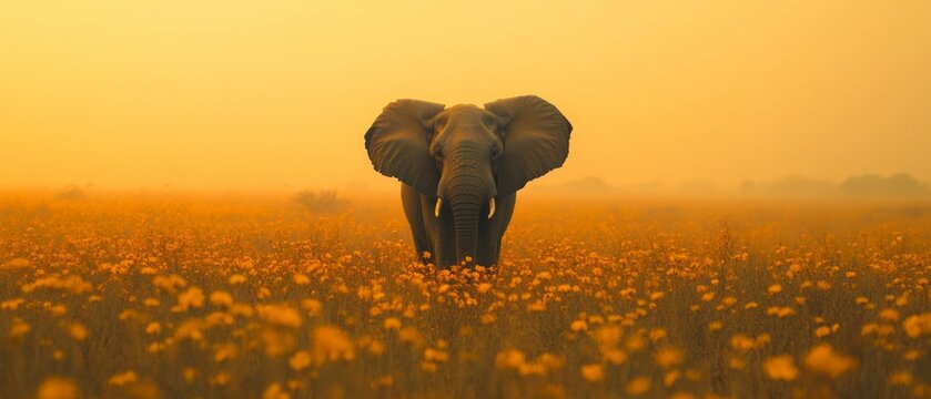African elephant walks through flower field during foggy sunrise, conveying tranquility.
