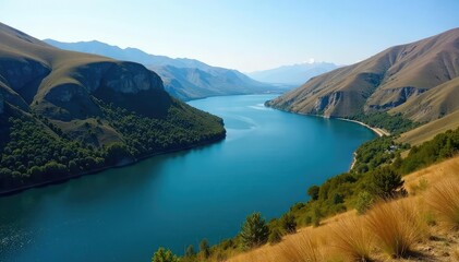 Obraz premium Long, winding lake meandering through valley, showcasing diverse shoreline vegetation, image, light, river