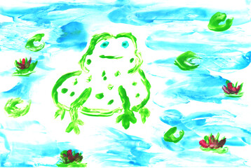 Bright pond with water lilies and a frog. Art, painting. Encaustic, art decoration, sketch. Illustration hand drawn modern, hot wax new