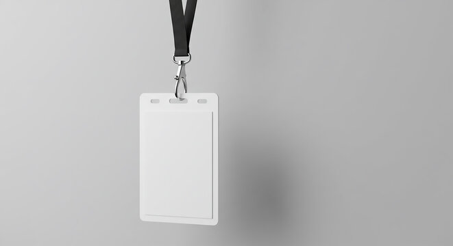 Isolated white id badge hanging from a black lanyard against a plain grey studio background simple minimalist - Powered by Adobe