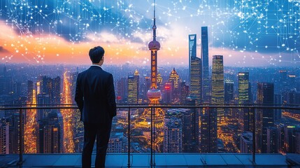 Businessman gazing at cityscape at dawn, overlooking a bustling city.  Digital network overlay suggests connection and progress