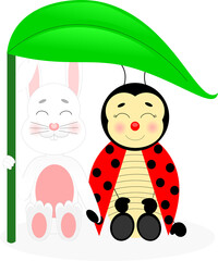 Naklejka premium rabbit and bee in the shade of a leaf