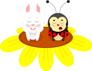 rabbit and bee sleeping on top of a flower