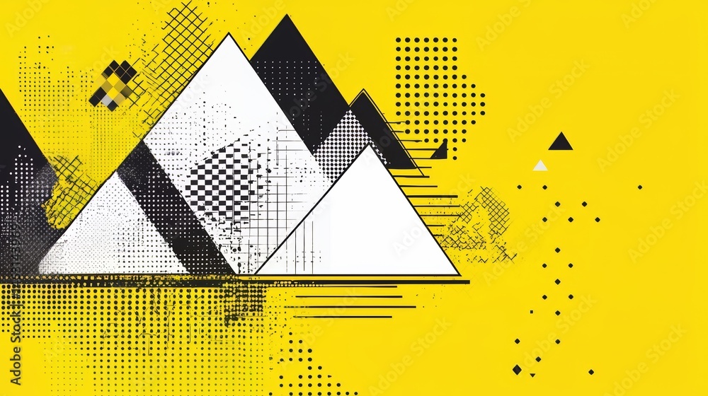 Leinwandbilder Yellow background with black and white shapes that resemble mountains. The shapes are scattered all over the background, creating a sense of chaos and disorder. Scene is one of confusion
