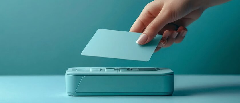 Female hand hovers blank credit card above card reader suggesting seamless contactless payment experience.