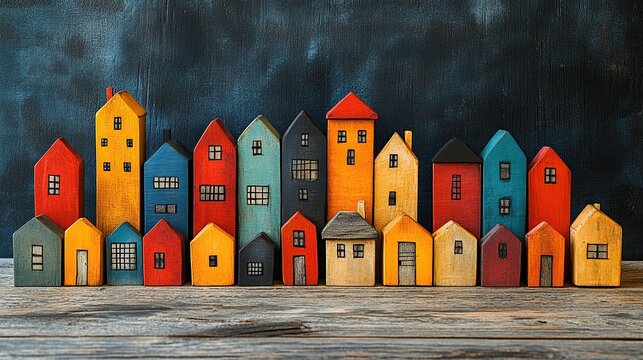 Colorful wooden houses in a miniature city, arranged on a rustic wooden surface, against a dark background