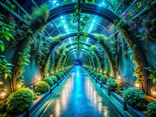 Bioluminescent Plants Illuminating Sci-Fi Tunnel - Futuristic Underground Scene Stock Photo