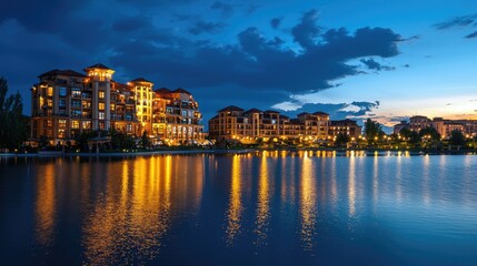Obraz premium Evening cityscape reflected in tranquil lake water.