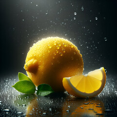 Fresh Lemon with Water Droplets on Dark Reflective Surface