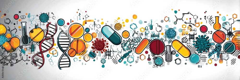 Poster abstract science-themed background featuring icons of dna, pills, and bacteria for educational and c