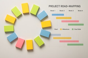 A ring of colorful sticky notes surrounds a gantt chart roadmap on a white tabletop. Concept of iterative planning and milestone coordination.