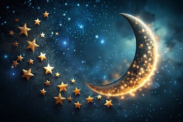 Fototapeta premium Celestial Night: Single Crescent Moon and Stars, Copy Space Left