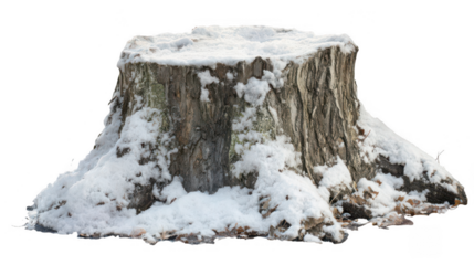 a tree stump with snow on it, isolated on a white background, png, transparent