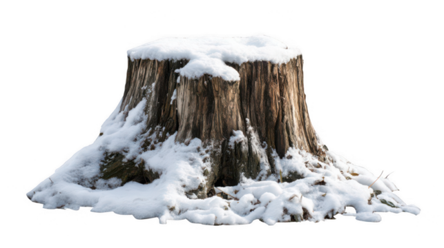 a tree stump with snow on it, isolated on a white background, png, transparent