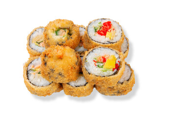 Crispy deep-fried sushi rolls with vegetables and seafood