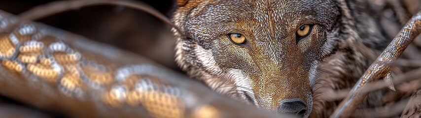 Fototapeta premium Majestic wolf captured in a stunning double exposure image merging wildlife and nature with intricate textures and vibrant colors for creative projects