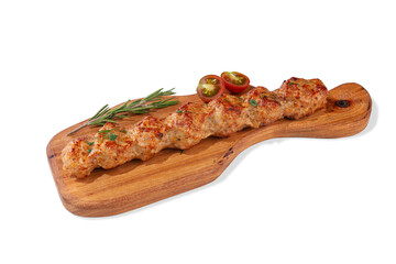 Close-up of grilled chicken kebab served on a rustic wooden board with fresh rosemary and cherry tomatoes. Ideal for food packaging, menu design, and promotional materials