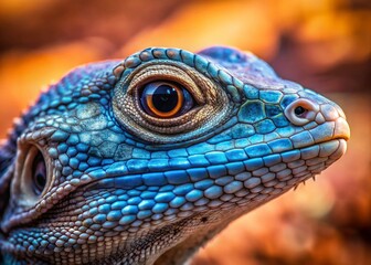 Close-Up of Lizard Face, Vibrant Blue Eyes, Desert Reptile Portrait