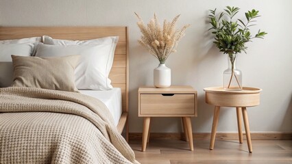 Close-up of Minimalist Japandi Bedroom: Bed & Bedside Table Details