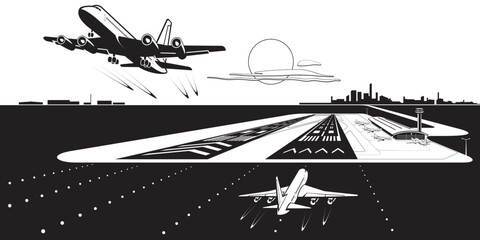 Passenger airplanes over two runways airport – vector illustration