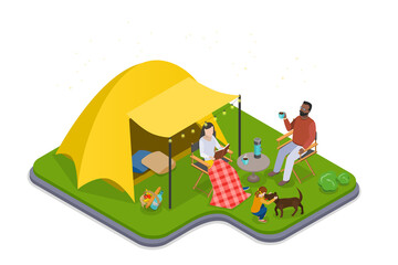 Fototapeta premium 3D Isometric Flat Illustration of Glamping, Glamour Camping