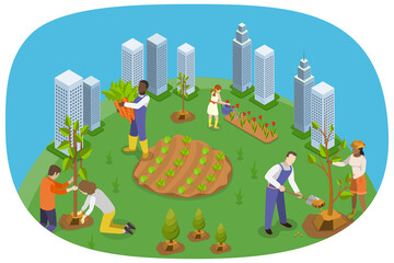 3D Isometric Flat  Illustration of Eco Volunteers , Individuals Planting Trees in Urban Park or Garden