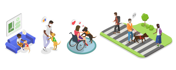 3D Isometric Flat  Illustration of Guide Dogs , Providing Independence and Support for Individuals with Visual Impairments