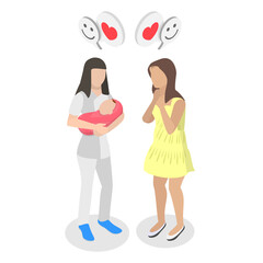 3D Isometric Flat  Illustration of Happy Motherhood, Happy Mother Watches Nurse Hold Newborn Baby for the First Time