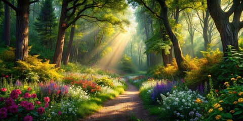 Fototapeta premium Colorful Forest Path Leading Through Lush Green Trees and Vibrant Flowers