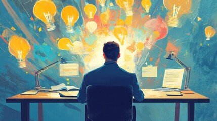 A businessman reflects on innovative ideas at his desk, creating a collaborative work environment with his team