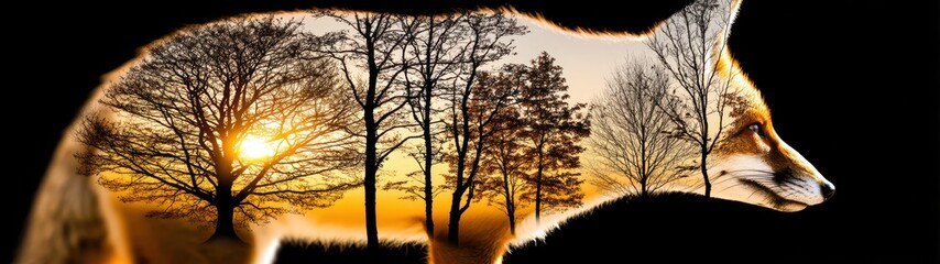 Enchanting Wild Fox with Double Exposure of Trees and Sunset, Merging Nature and Spirit in a Beautiful Harmony