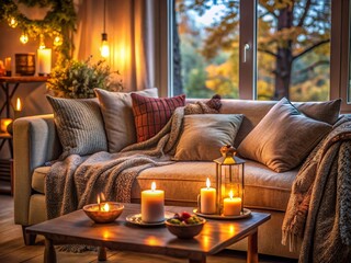 Cozy Living Room Interior: Warm Textiles, Candlelight, and Autumnal Ambiance