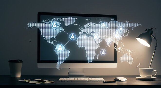 desktop puter with social network hologram multi exposure concept, international people connections, subject at top with copy space below, under studio lights