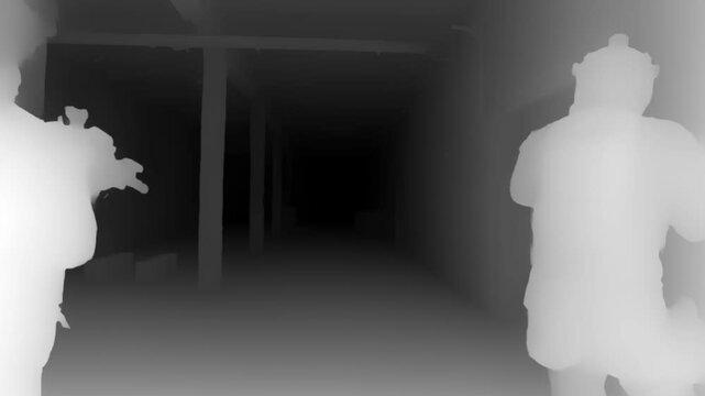 Two armed soldiers in tactical gear maneuver through a dark indoor space, captured in infrared night vision for stealth operation visualization.