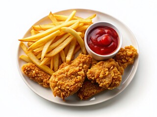 Crunchy Fried Chicken, French Fries & Tomato Sauce on White Plate - Stock Photo