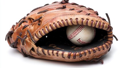 Fototapeta premium Baseball glove with ball inside, detailed view on white background.