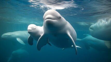 Naklejka premium A beluga whale and her calf swim together in a pod, their white bodies contrasting beautifully against the deep blue water.