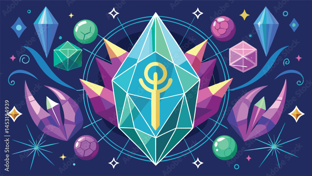 Poster colorful vector illustration featuring crystals and leaves arranged in a geometric pattern against a
