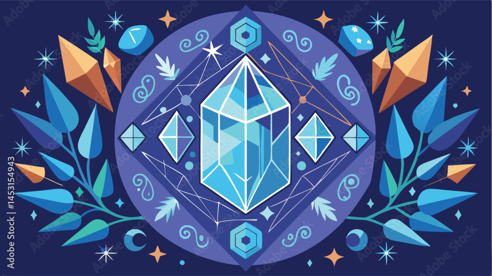 Poster colorful vector illustration featuring crystals and leaves arranged in a geometric pattern against a