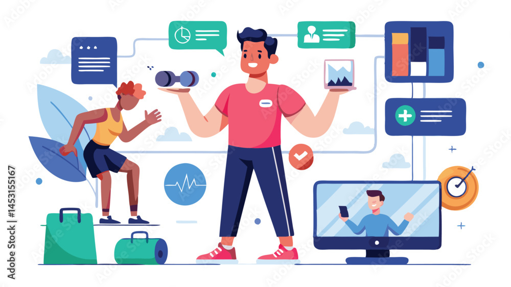 Poster Vector illustration of a person managing tasks and data with technology in a bright and modern office environment, showcasing multitasking skills and productivity